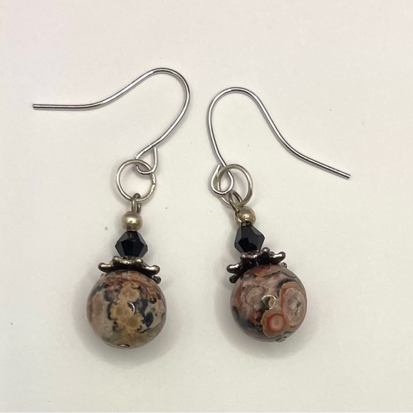 leopard jasper natural stones dangle earrings Swarovski Crystals & silver plated - Picture 2 of 3